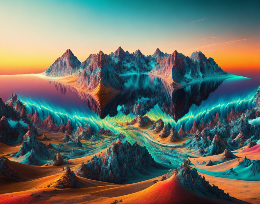 Colorful surreal landscape with sharp peaks and rolling hills under gradient sunset sky