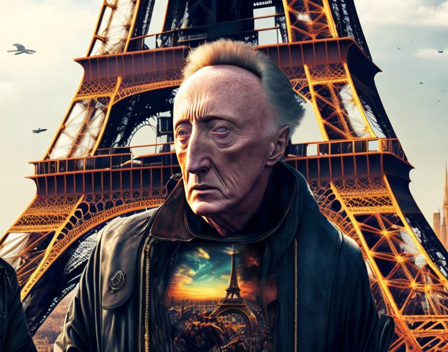 Elderly man in leather jacket at Eiffel Tower under dramatic sky