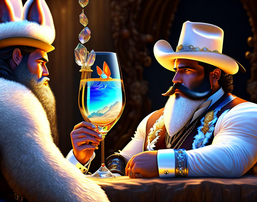 Stylized animated men in opulent attire toast with wine glass in luxurious setting