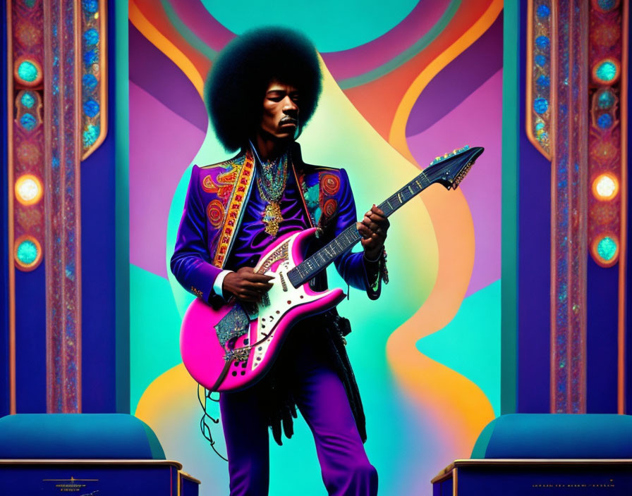 Musician with Afro Hairstyle Plays Pink Guitar on Psychedelic Background