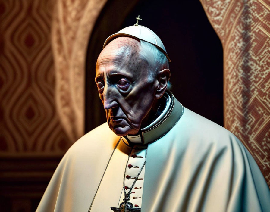 Solemn man in pope attire in ornate dimly lit room