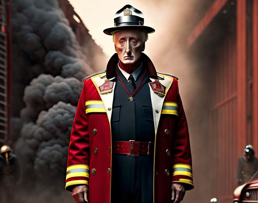 Ceremonial firefighter in uniform with serious expression in front of smoky scene