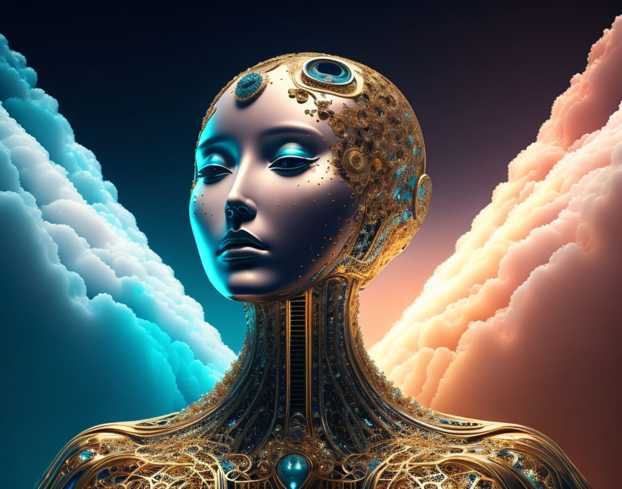 Digital artwork: Robotic head with gold details on colorful cloud backdrop