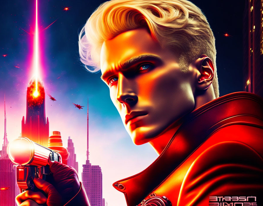 Blonde man in red jacket with gun in futuristic cityscape