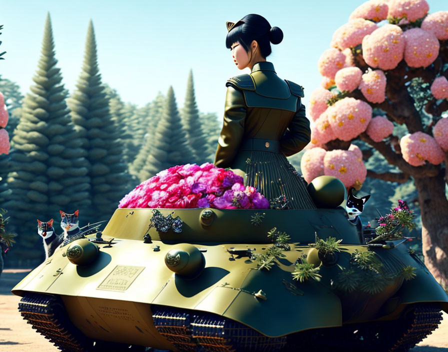 Dark-outfitted 3D animated girl on flower-filled tank in surreal landscape