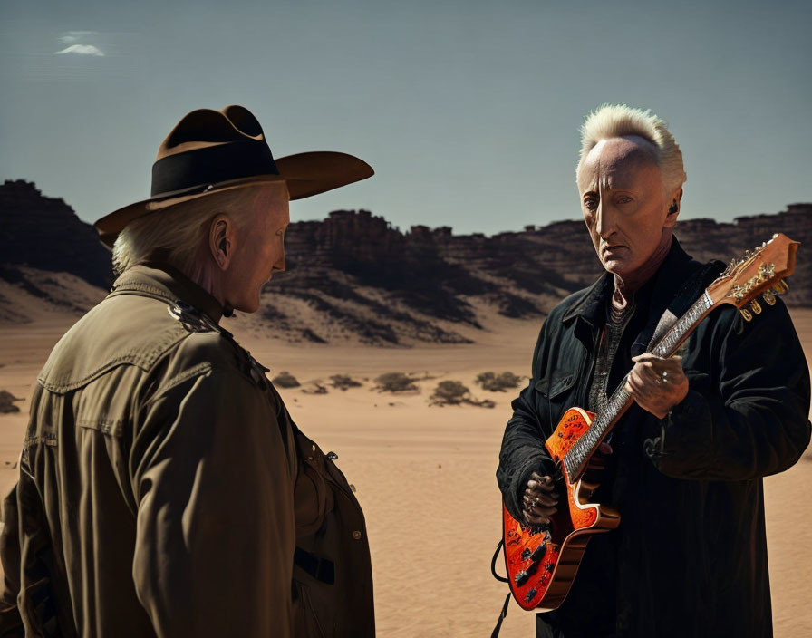 Men in desert: One in cowboy hat, other with red electric guitar