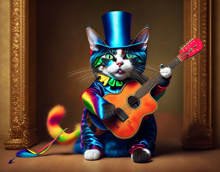 Colorful cat in top hat plays guitar in classical room