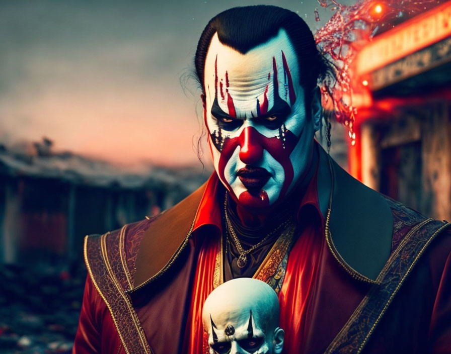 Clown with skull in hand, digital motion effect, dusk background