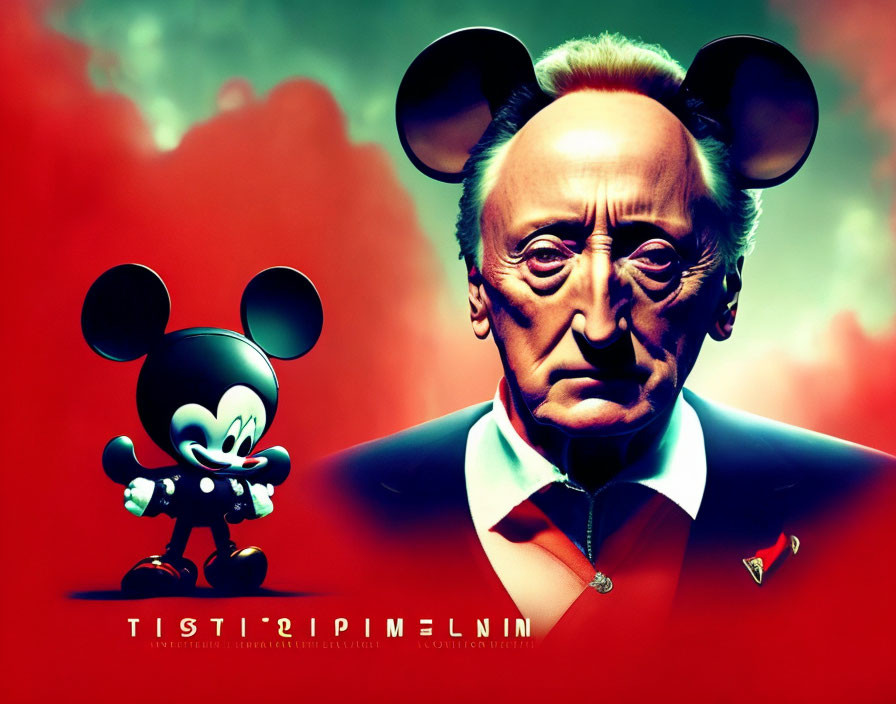 Caricature of Mickey Mouse with man in Mickey Mouse ears on red backdrop