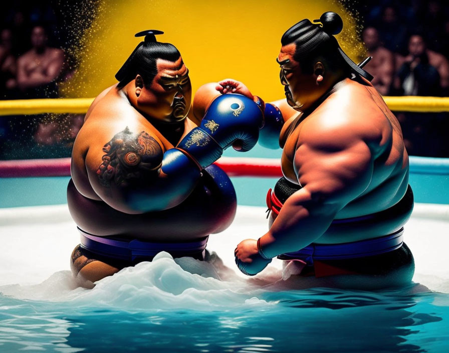 Sumo wrestlers in blue gloves face off in bright-lit arena