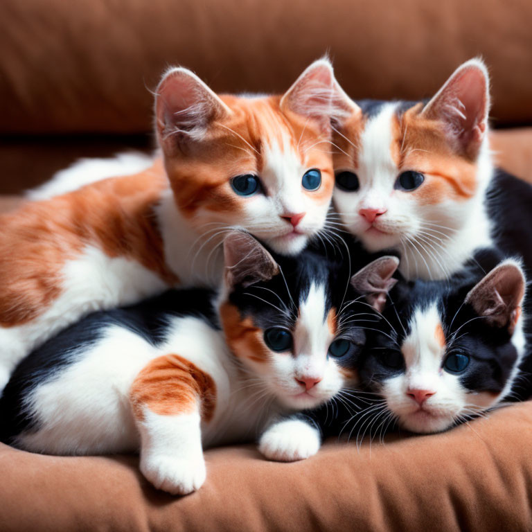 Adorable Kittens Cuddling on Brown Sofa