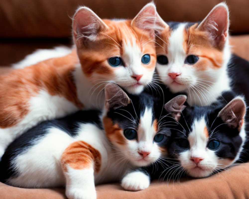 Adorable Kittens Cuddling on Brown Sofa