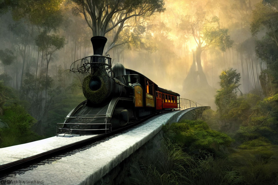 Vintage train travels through misty forest with sun rays - dreamlike scene