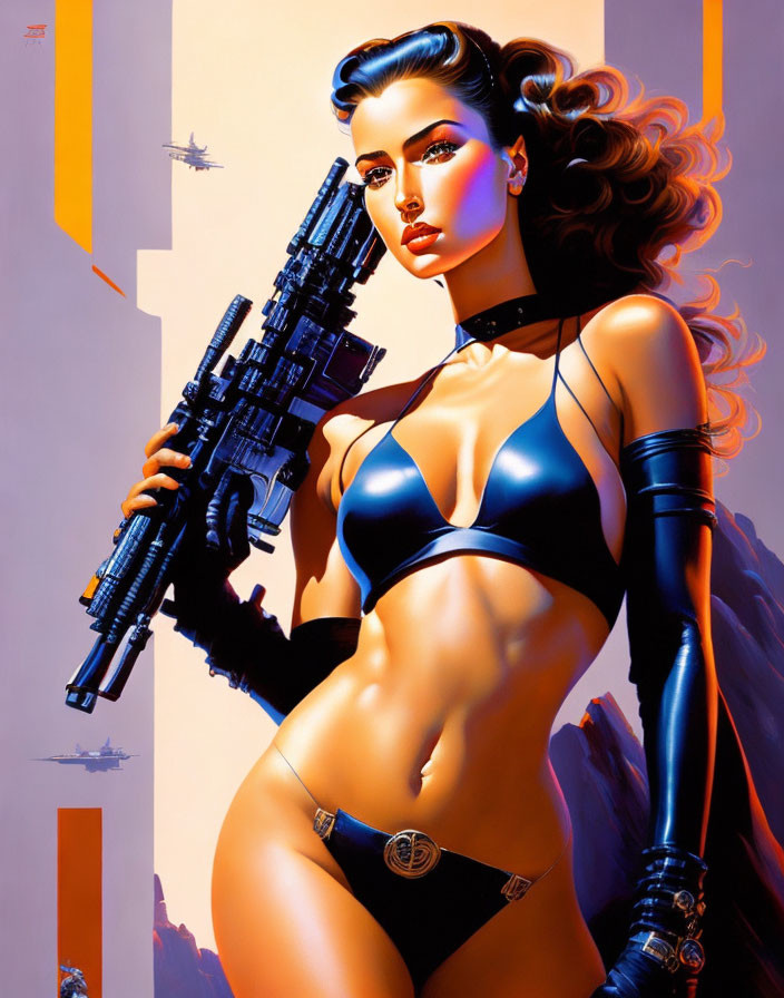 Stylized woman with sci-fi gun in futuristic setting