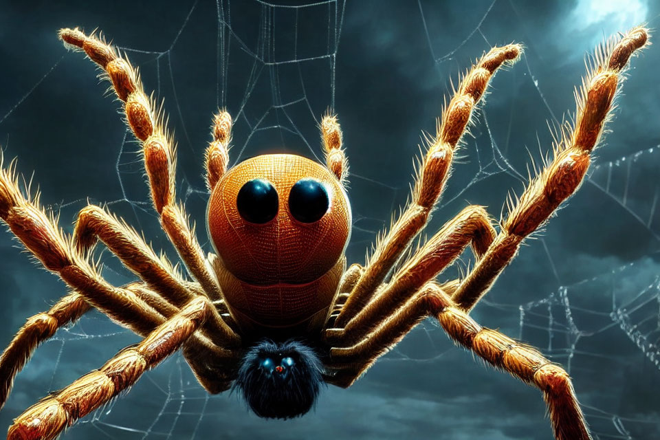 Stylized anthropomorphic spider with expressive eyes on textured body against stormy backdrop