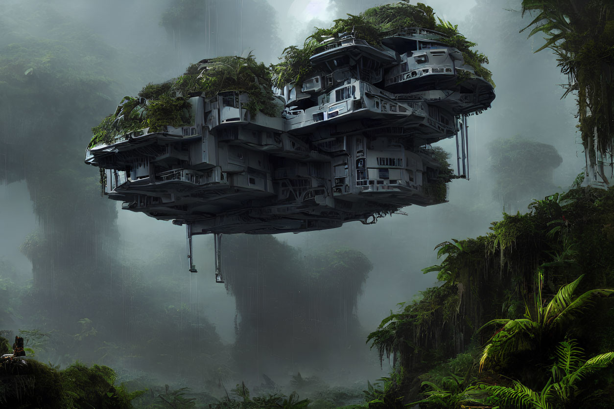 Futuristic floating city in misty jungle with lush greenery