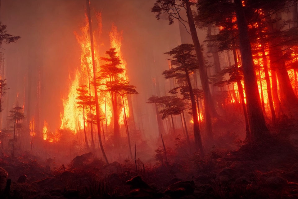 Intense forest fire with towering flames and smoke-filled atmosphere