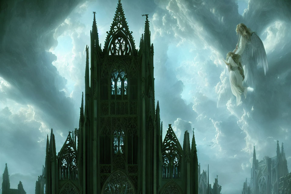 Gothic Cathedral with Ethereal Figures and Cloudy Sky