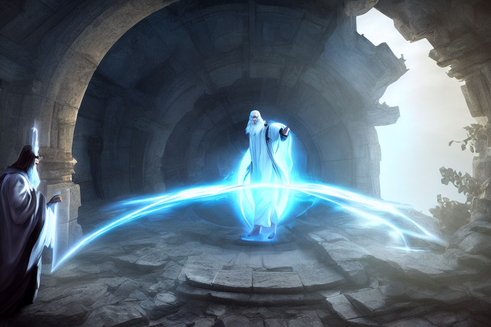 Wizard casting blue energy spell in ancient stone chamber with figure in shadows