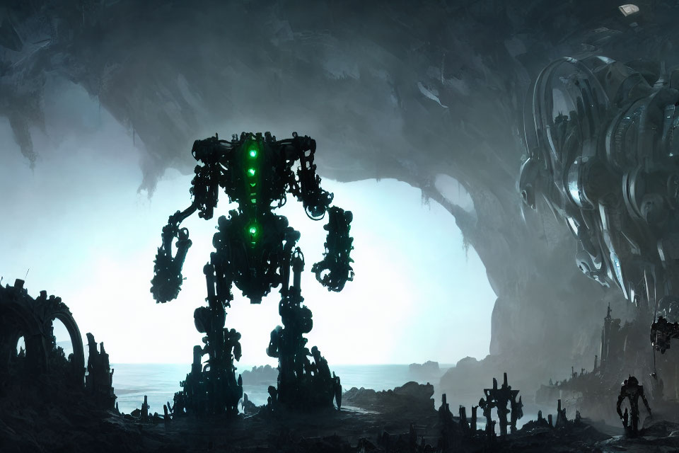 Towering illuminated mechs in futuristic landscape