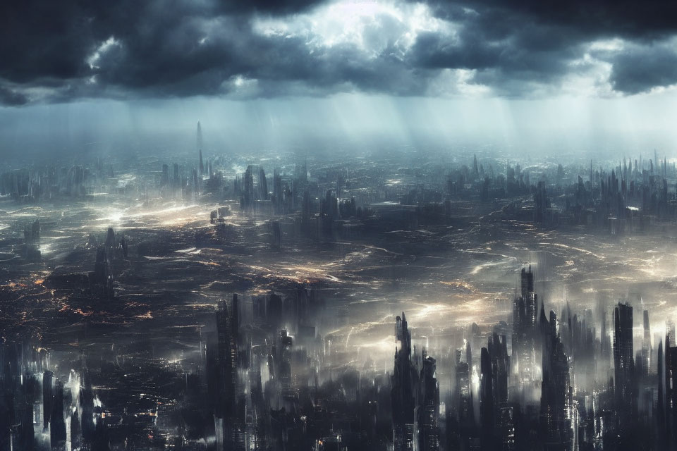 Dystopian cityscape under stormy skies with sunlight piercing through clouds