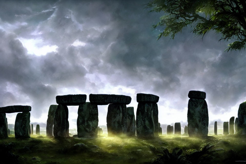 Mystical Stonehenge with Glowing Lights and Stormy Sky