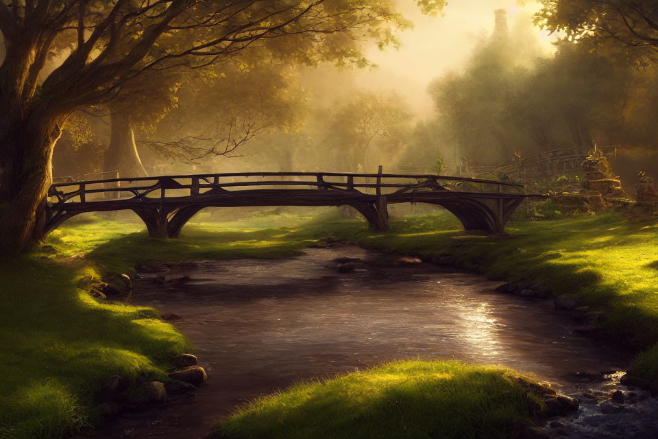 Tranquil landscape with wooden bridge, serene stream, lush trees, and warm sunlight