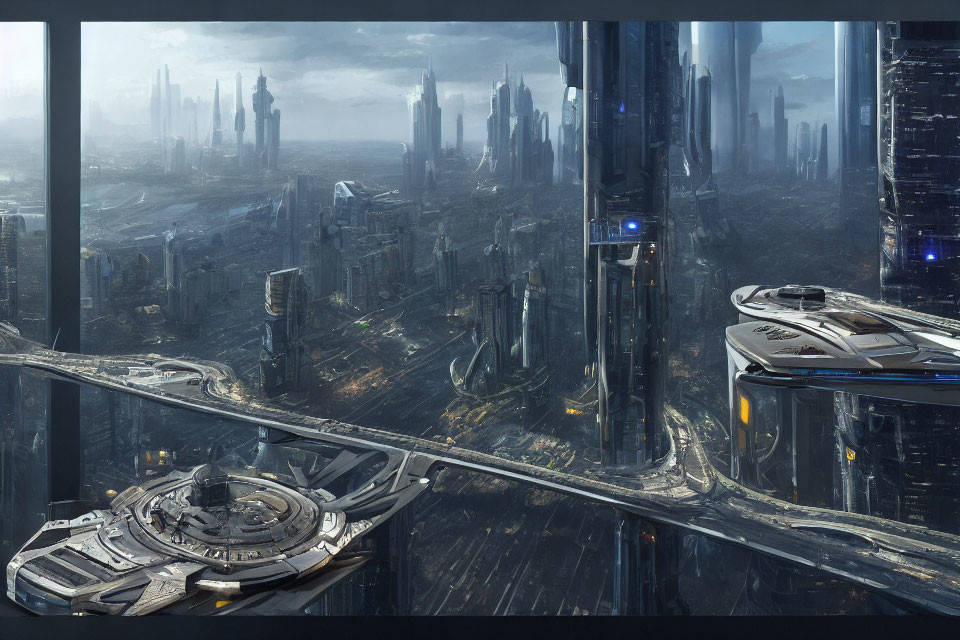 Futuristic cityscape with skyscrapers and flying vehicle