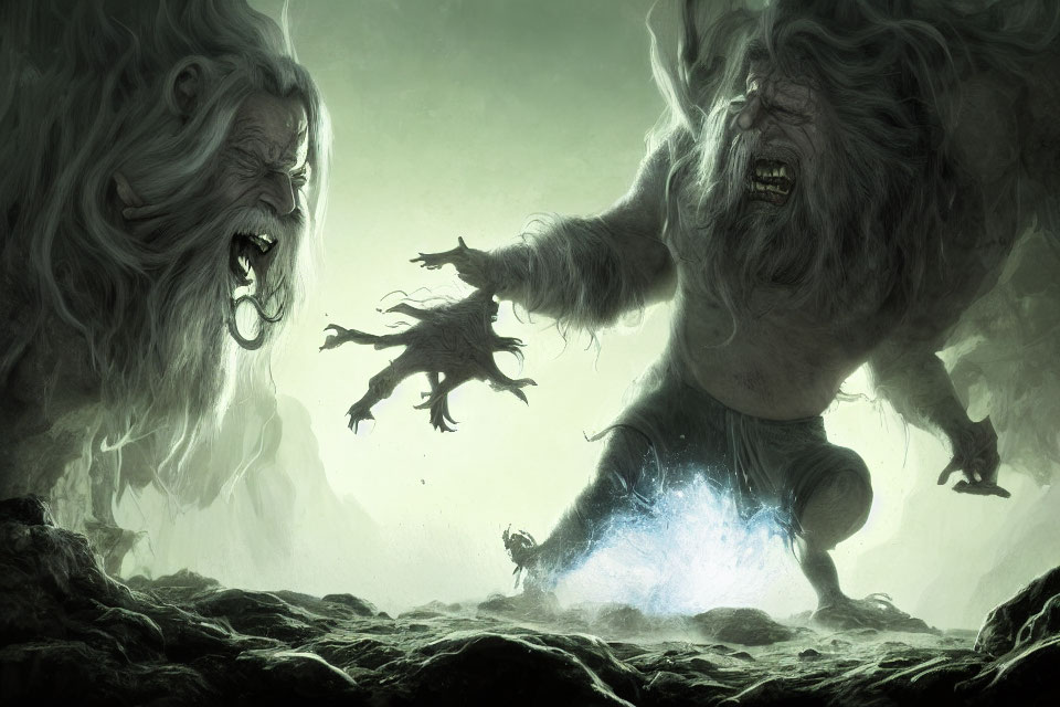 Fantasy scene: small figure facing two angry trolls in eerie landscape