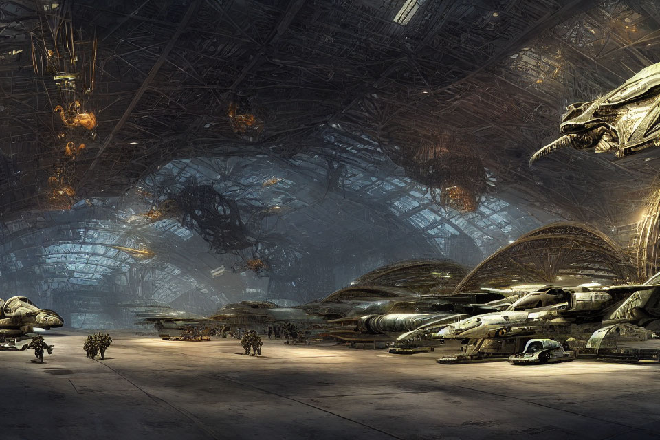 Advanced spacecraft in futuristic hangar with overhead lighting and intricate structure