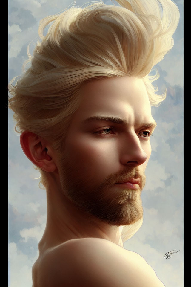 Male figure with blonde hair and piercing eyes in digital painting