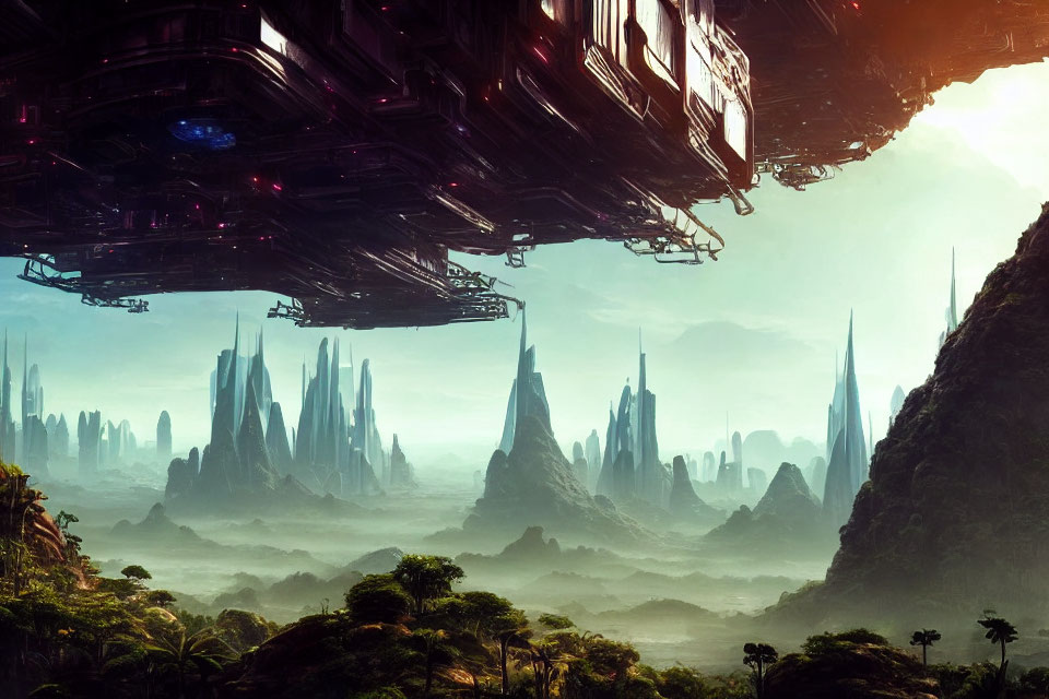 Futuristic cityscape with towering spires in jungle setting