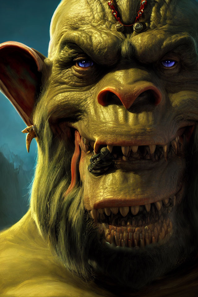 Detailed digital artwork: Snarling orc with yellow eyes, nose ring, and sharp teeth.