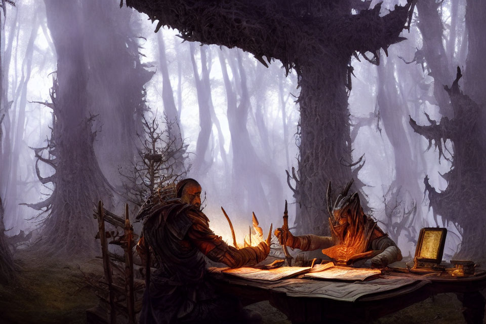 Fantasy characters with hood and horns study map in mystical forest