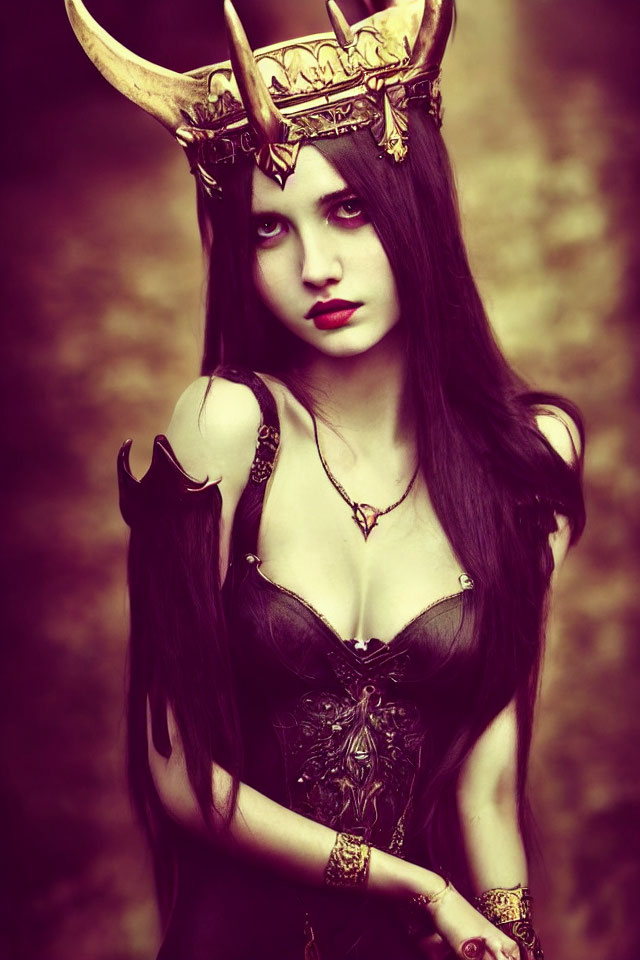 Dark fantasy woman in horned crown and armored corset with intense makeup in sepia-toned scene