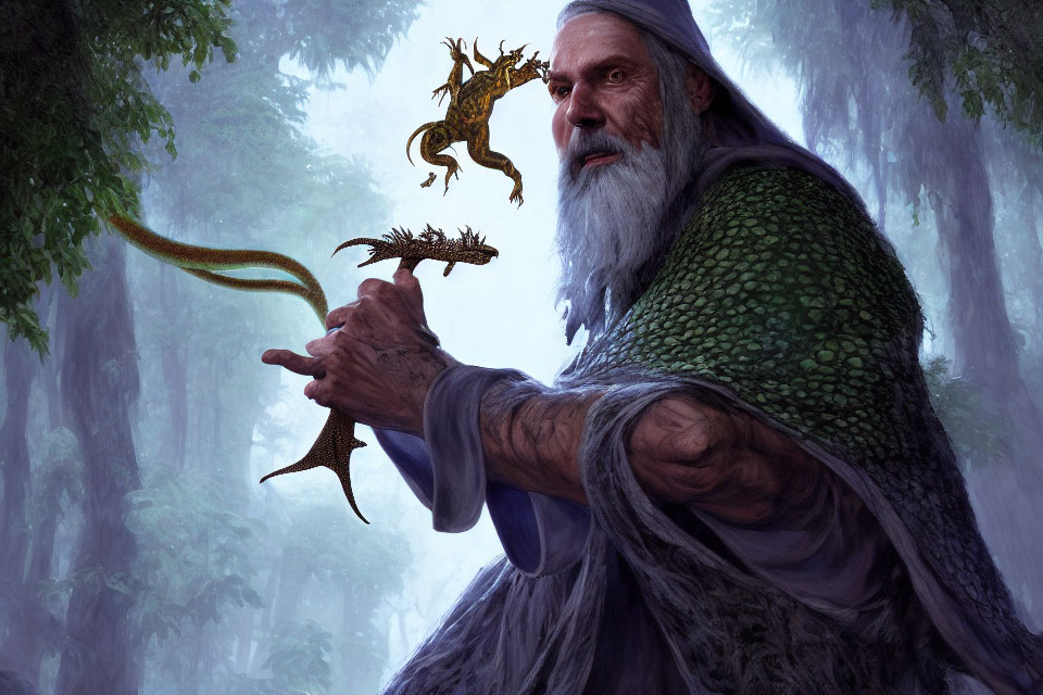 Elderly wizard with long beard summoning golden dragon creature in forest