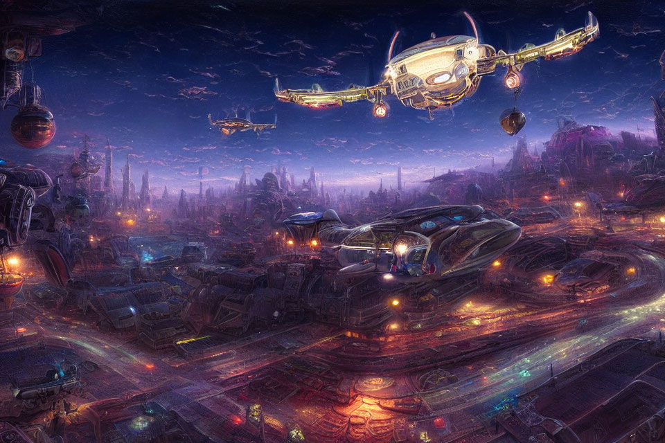 Futuristic night cityscape with neon lights and flying vehicles