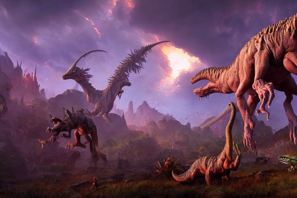 Majestic dragons in fantastical purple sunset with lightning