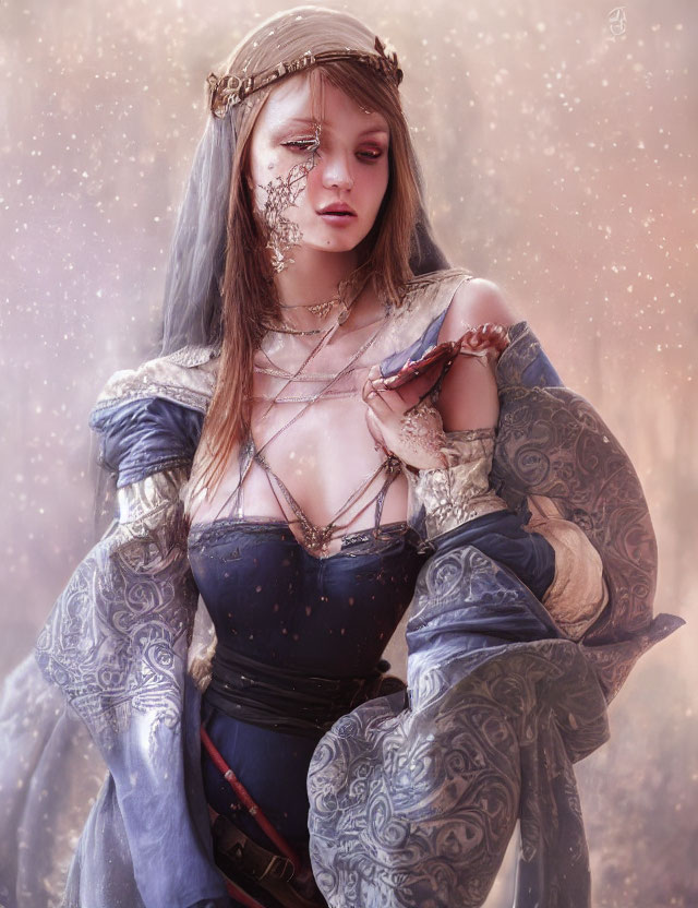 Fantasy-themed illustration of a woman in crown and corset with crystal in mystical background