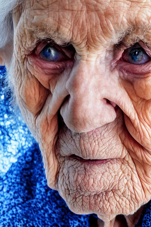 Elderly person's face with deep wrinkles and blue eyes in textured garment