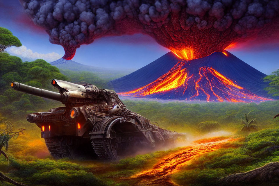 Futuristic tank fleeing erupting volcano in lush jungle