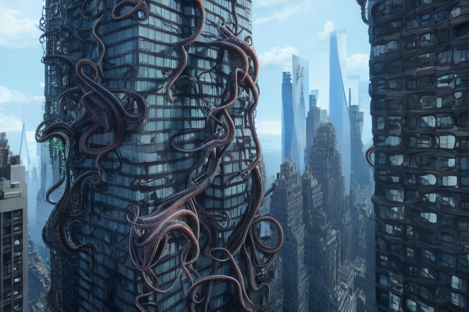 Futuristic cityscape with tentacle-like structures and skyscrapers