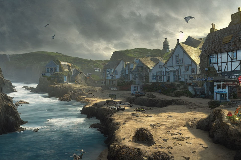 Picturesque coastal village with stone houses, lighthouse, paragliders, and dramatic sky.