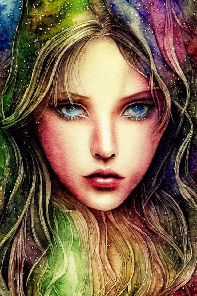 Vibrant portrait of young woman with blue eyes and cosmic hair.