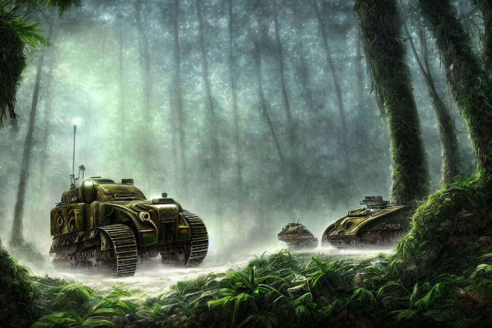 Mystical Forest with Fog, Tall Trees, and Futuristic Tanks