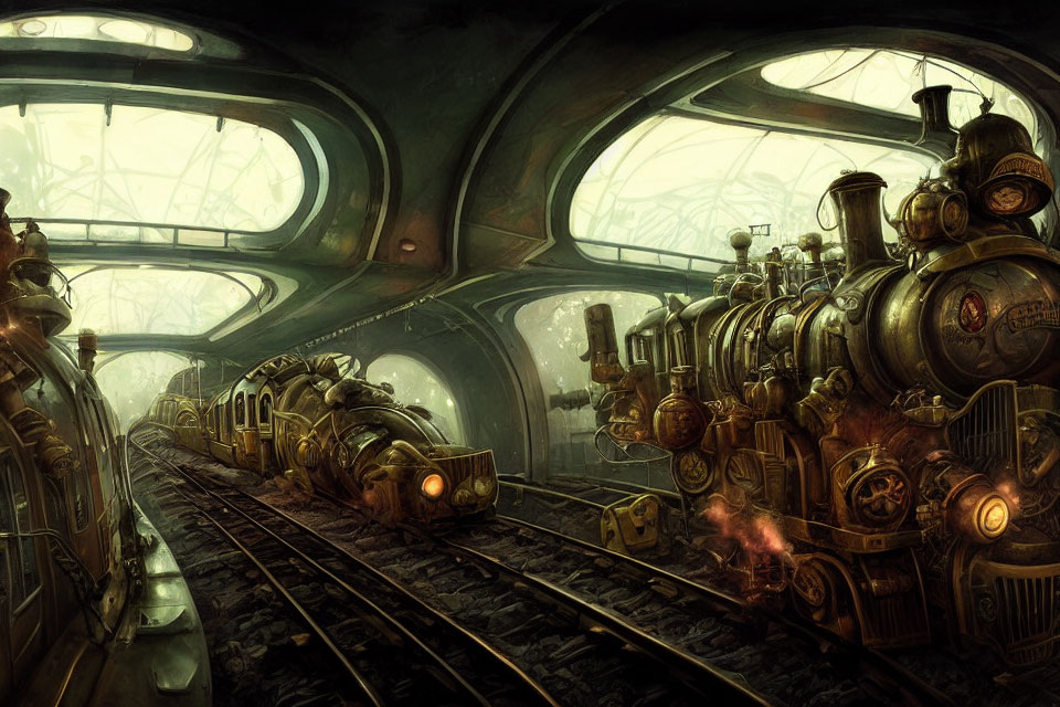 Detailed sepia-toned steampunk train station illustration with industrial-age trains and arched ceilings