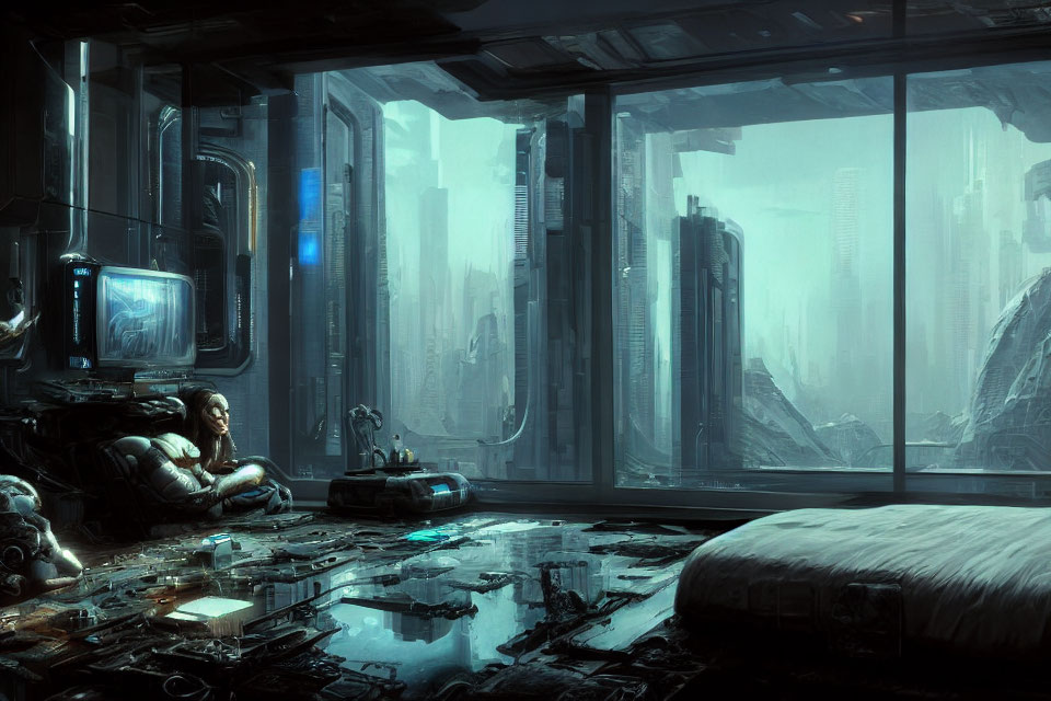 Contemplative person in futuristic room with dystopian cityscape view