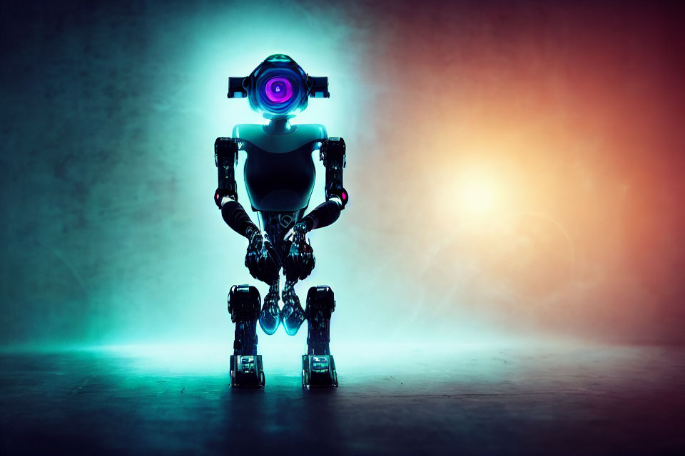 Glowing robot in misty room with blue and orange light