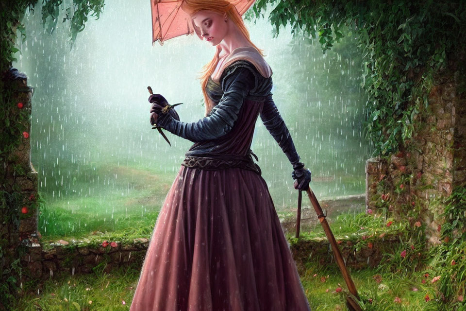 Medieval woman with umbrella and sparrow in rainy greenery.