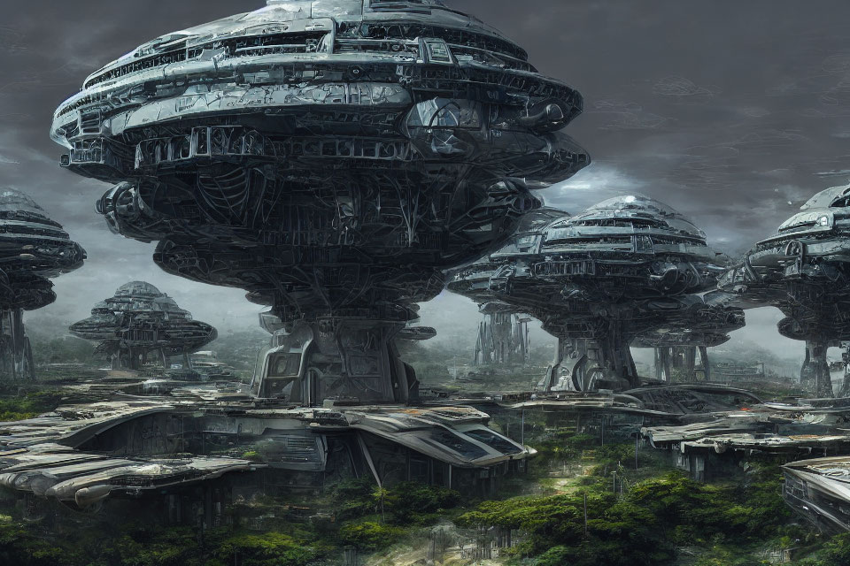 Futuristic cityscape with spherical towers in forested setting